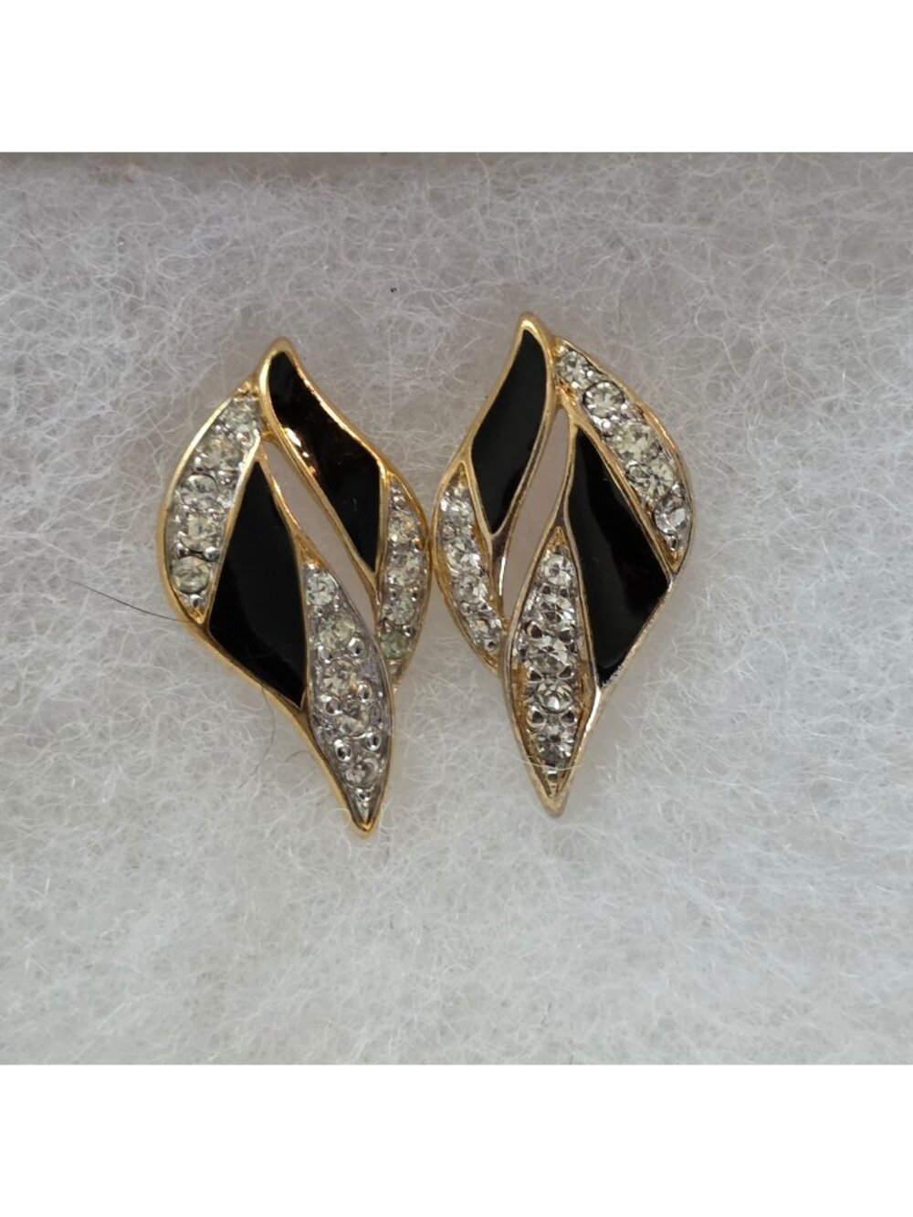 Vintage Trifari Gold-Tone Black & Rhinestone Leaf Earrings
